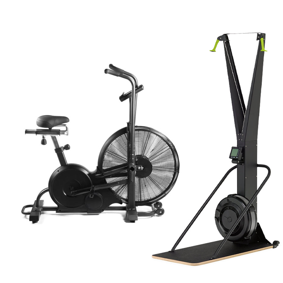 Air bike, rowing machine and ski trainer combination
