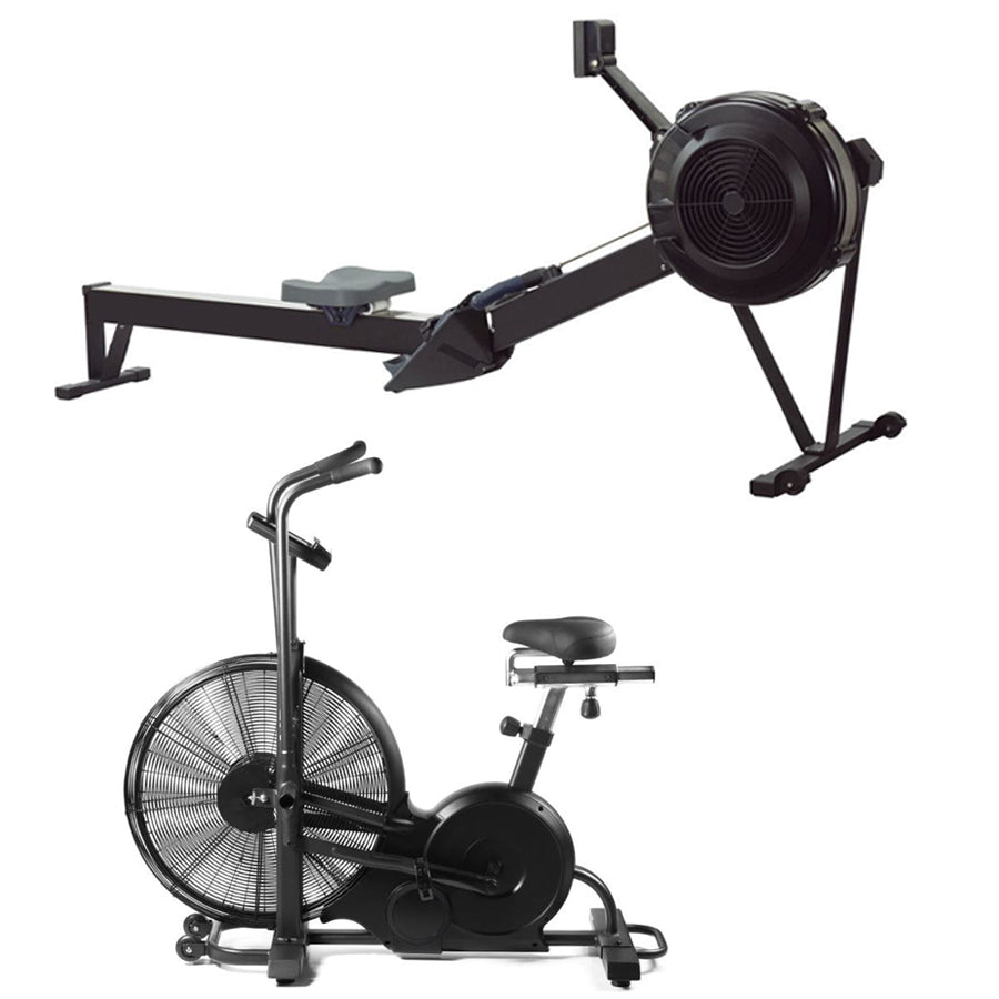 Air bike, rowing machine and ski trainer combination