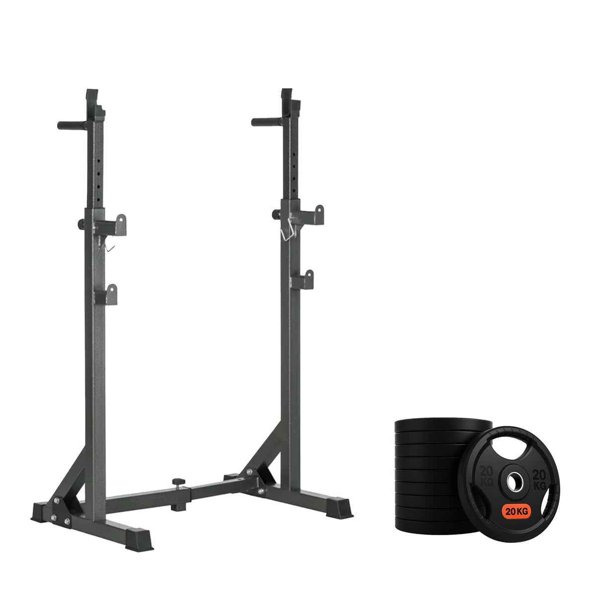 Squat rack with weight plates and barbell options