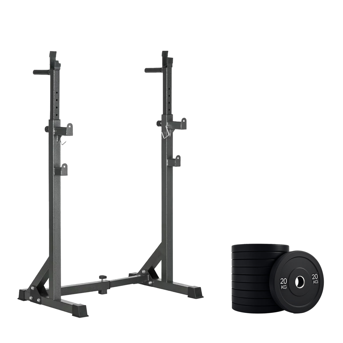 Squat rack with weight plates and barbell options