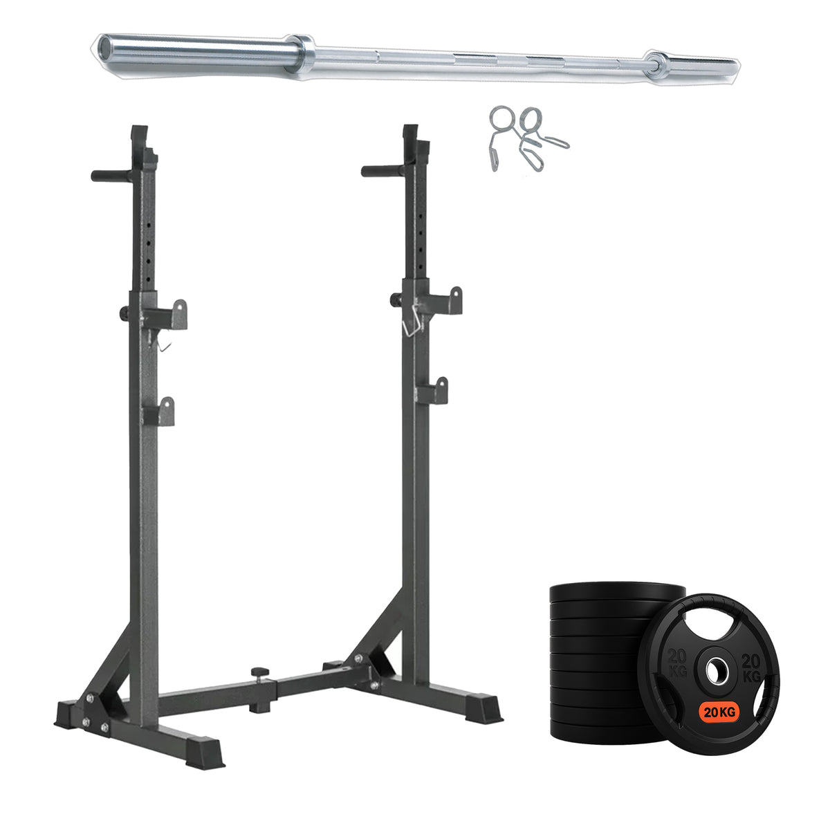 Squat rack with weight plates and barbell options