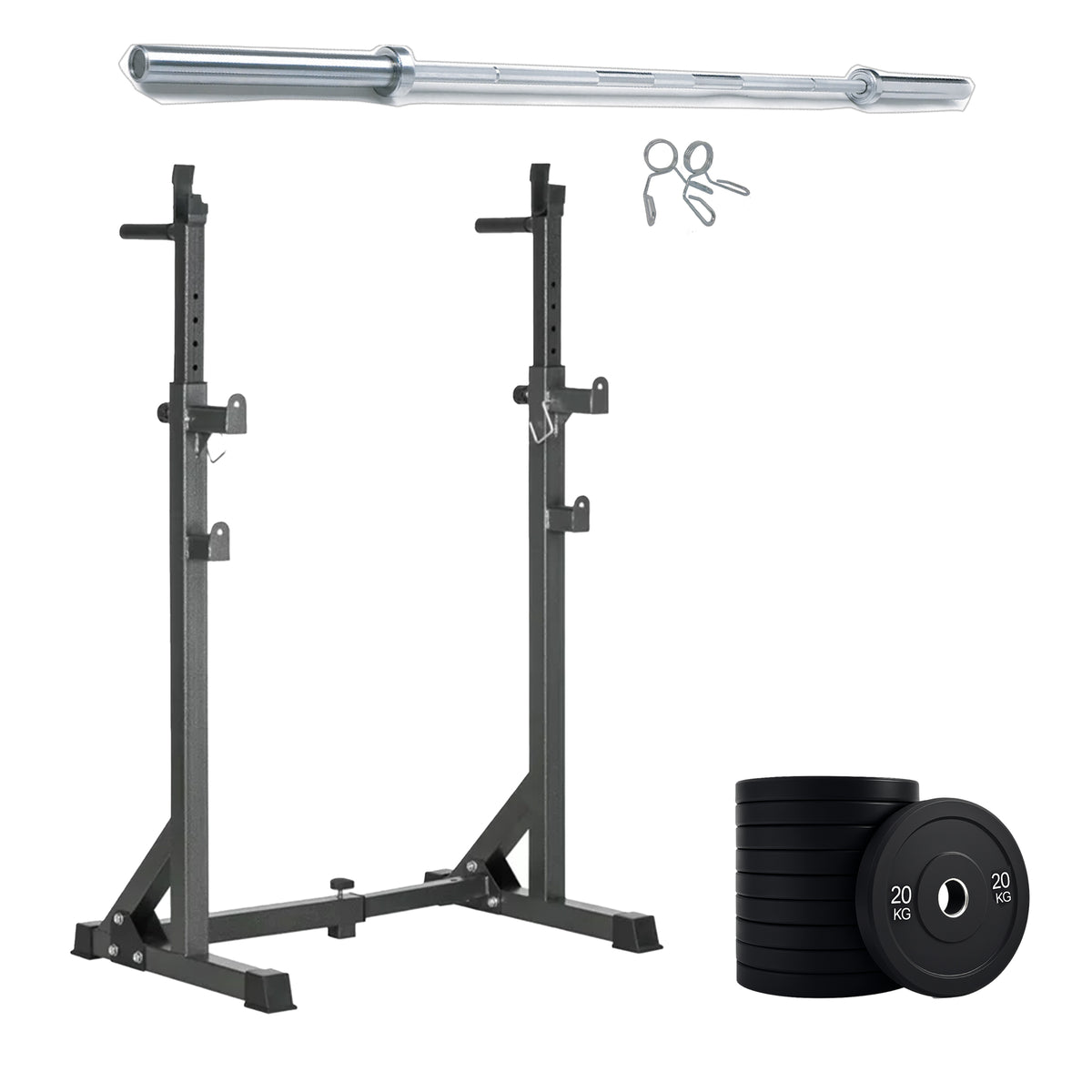 Squat rack with weight plates and barbell options