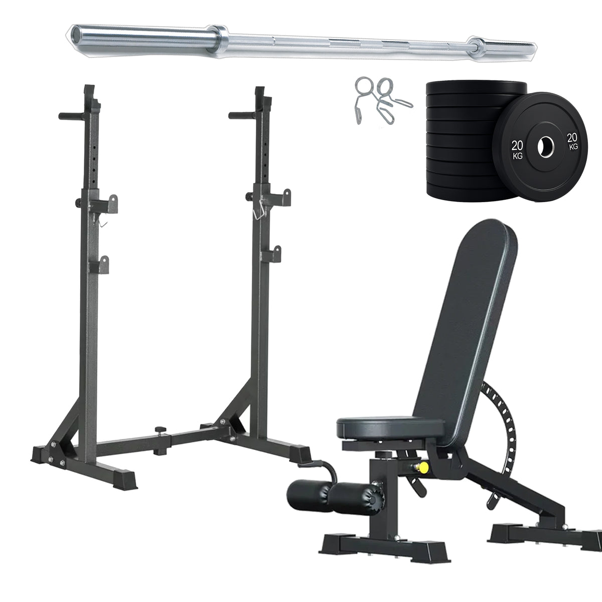 Squat rack set with adjustable bench and weight plates