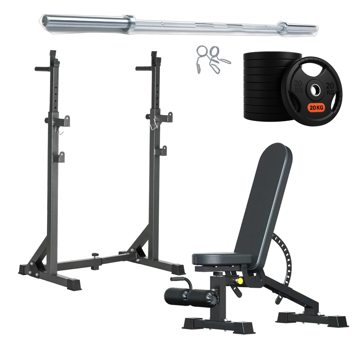 Squat rack set with adjustable bench and weight plates