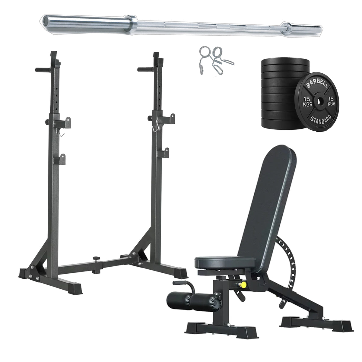 Squat rack set with adjustable bench and weight plates