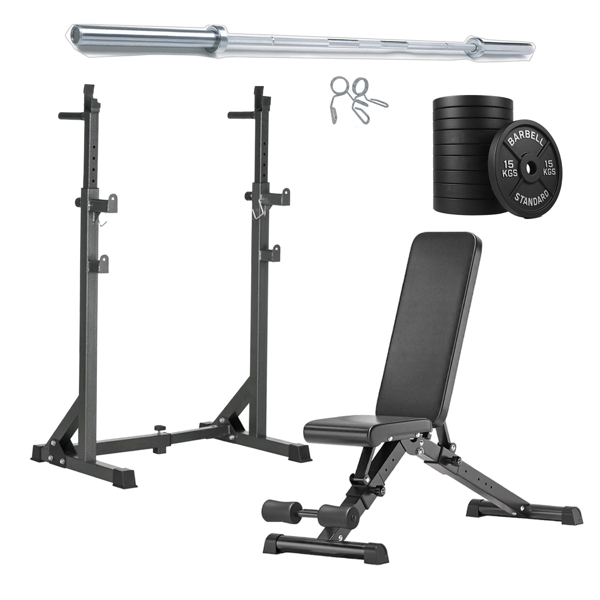 Squat rack with weight plates and barbell options