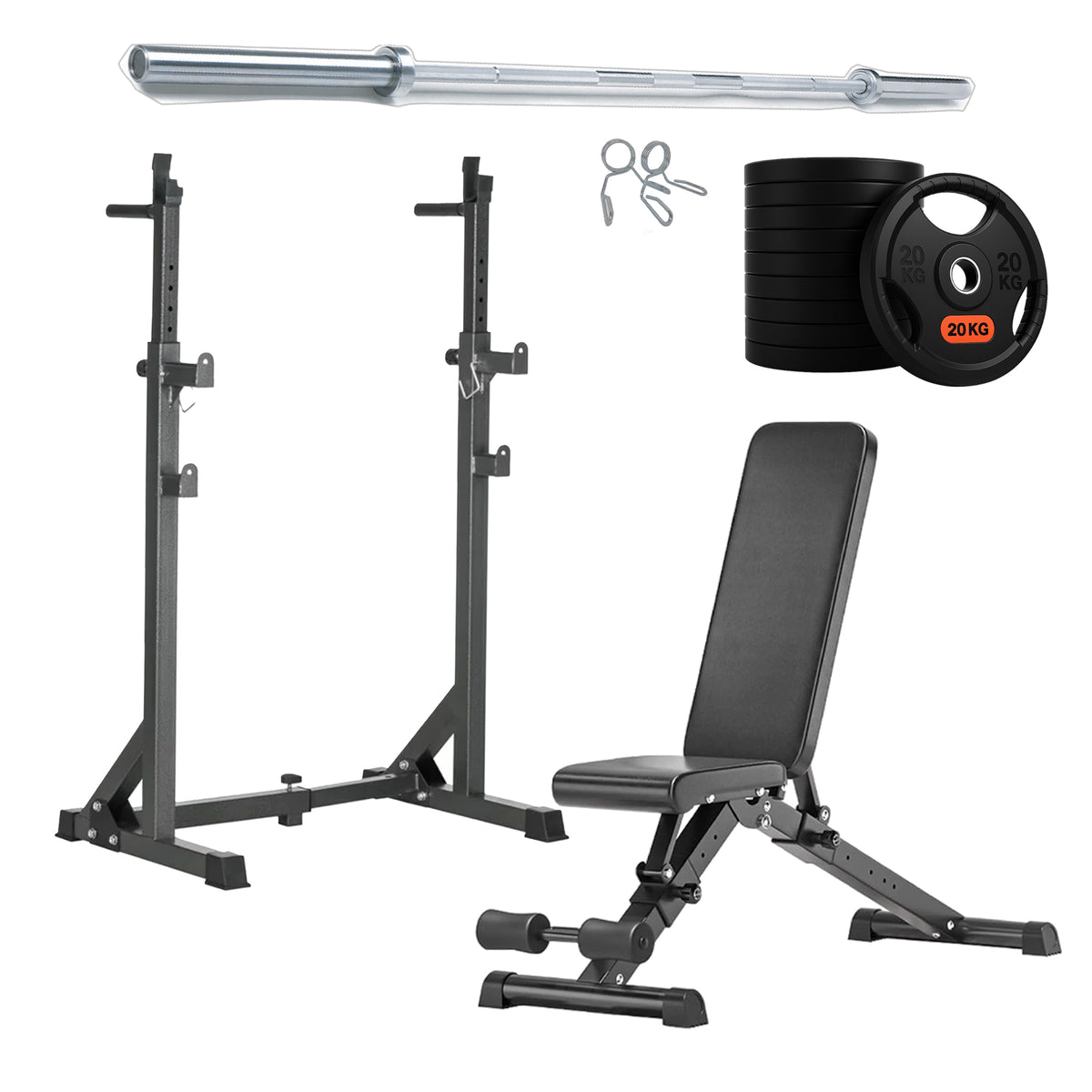 Squat rack set with adjustable bench and weight plates