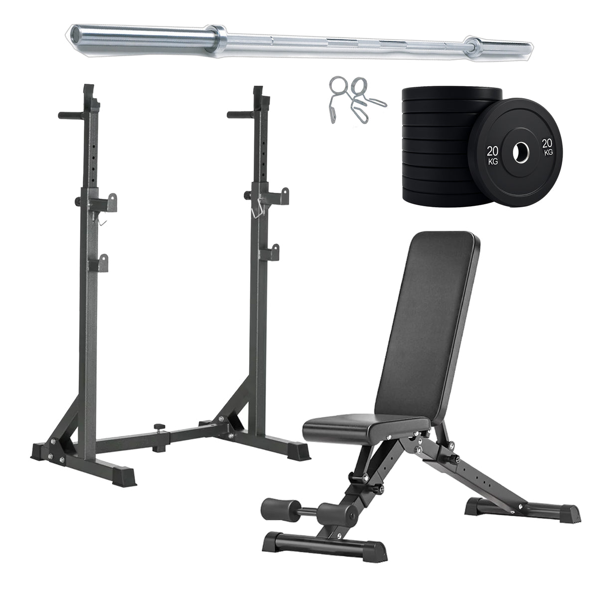 Squat rack set with adjustable bench and weight plates