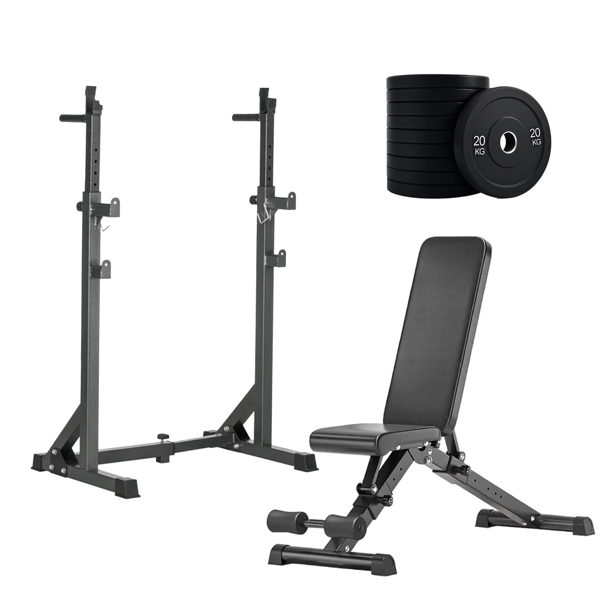 Squat rack set with adjustable bench and weight plates