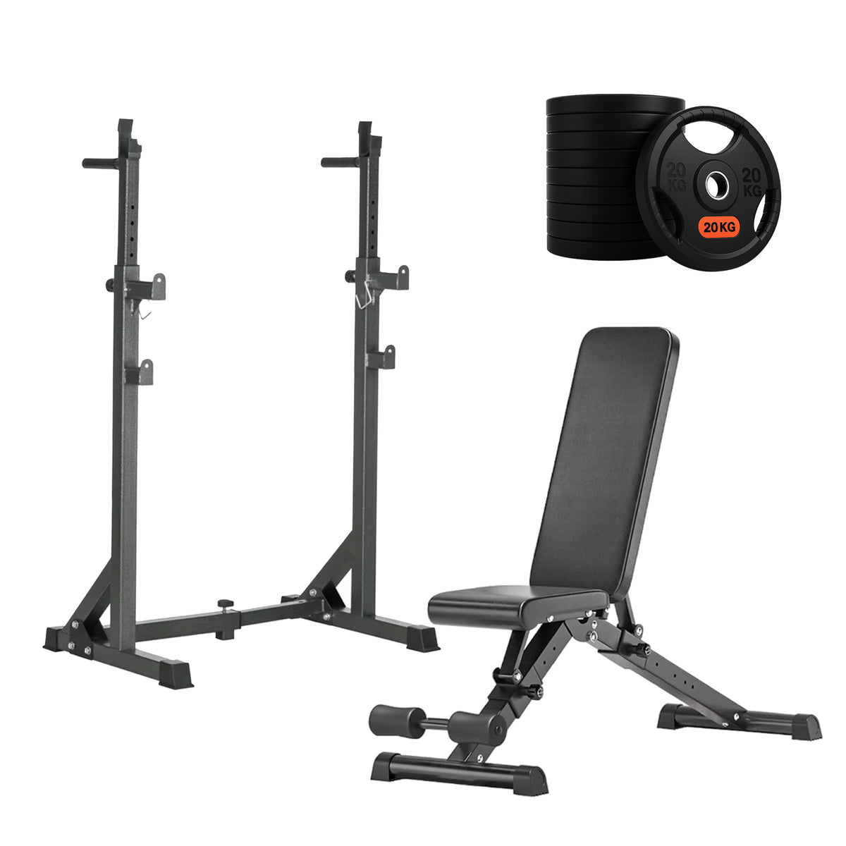 Squat rack set with adjustable bench and weight plates