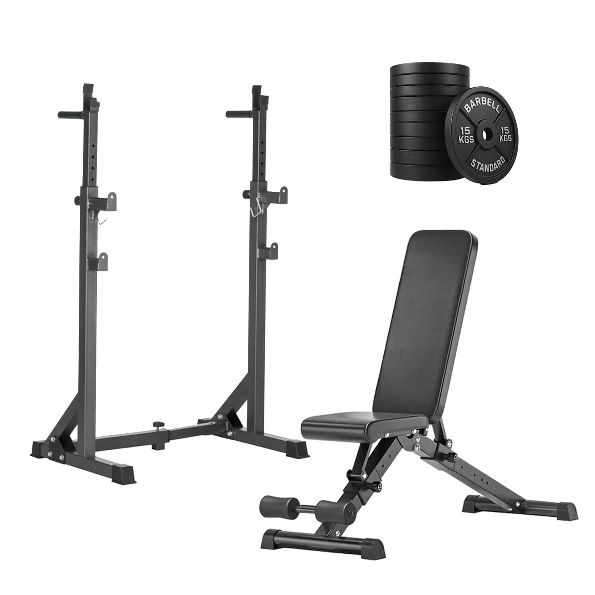 Squat rack with weight plates and barbell options