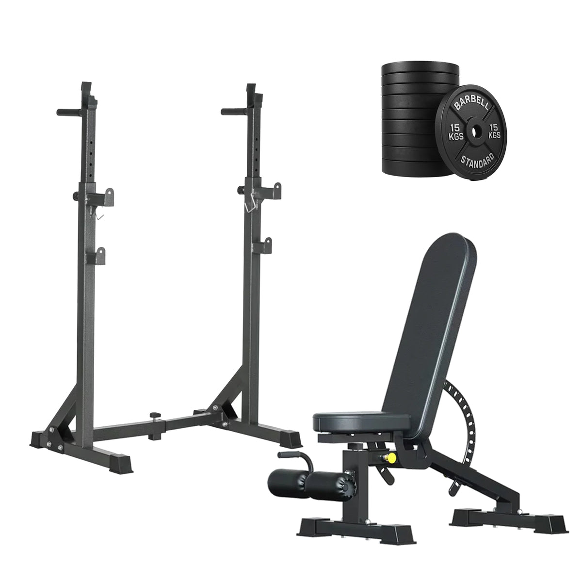 Squat rack set with adjustable bench and weight plates