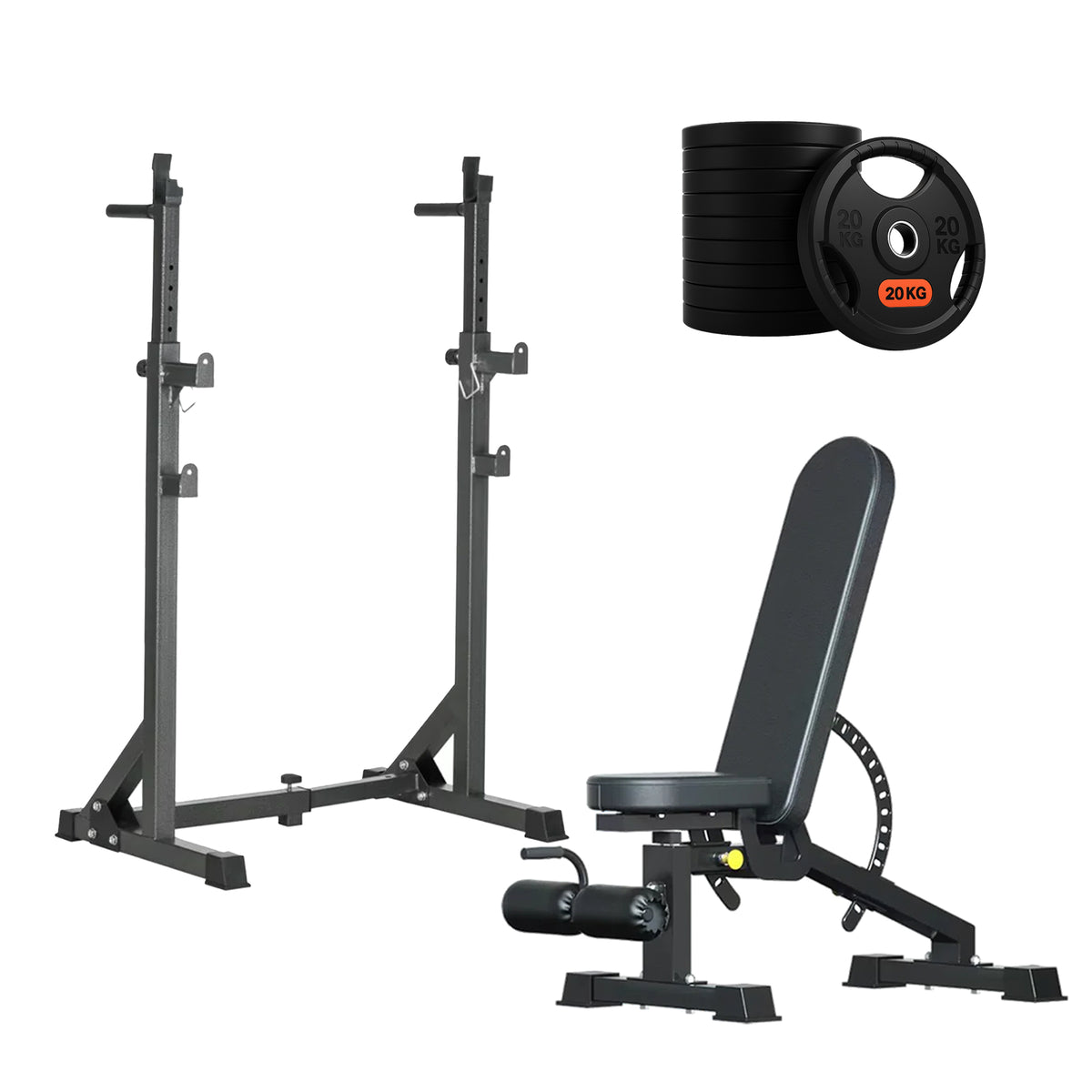 Squat rack set with adjustable bench and weight plates