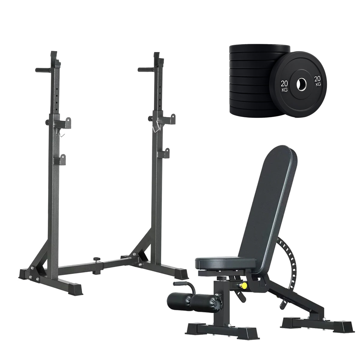 Squat rack set with adjustable bench and weight plates
