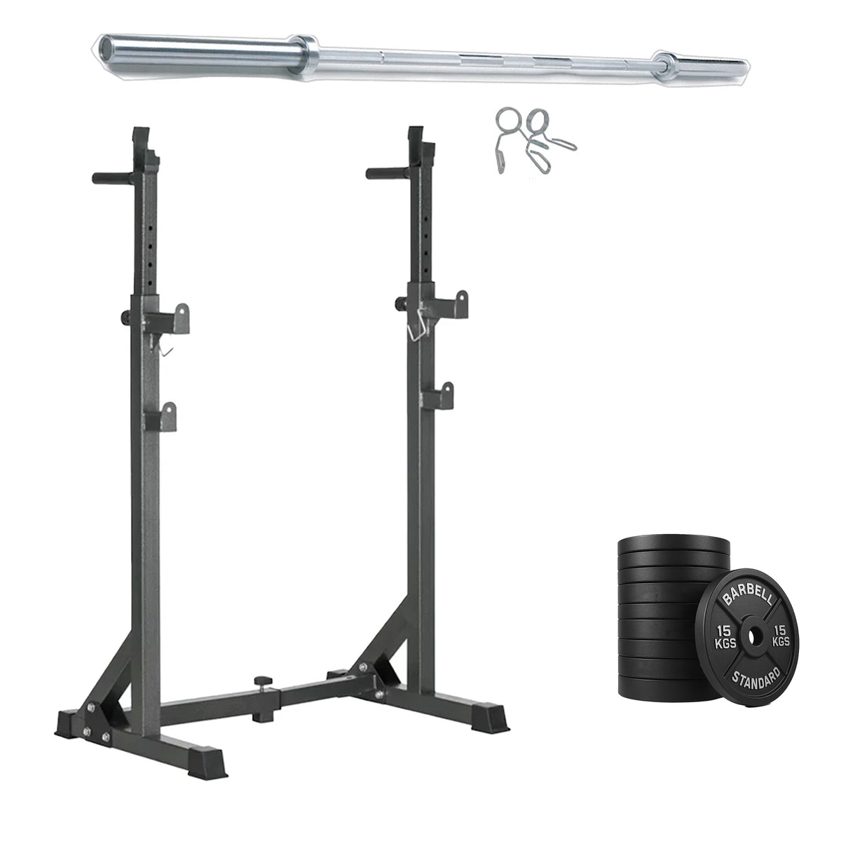 Squat rack set with adjustable bench and weight plates