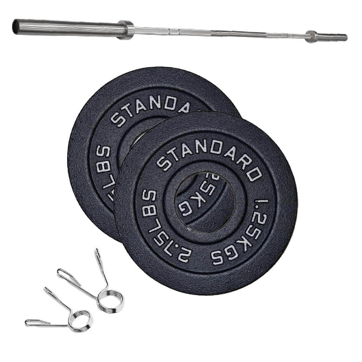 Cast iron weight plate set with barbell and spring collars