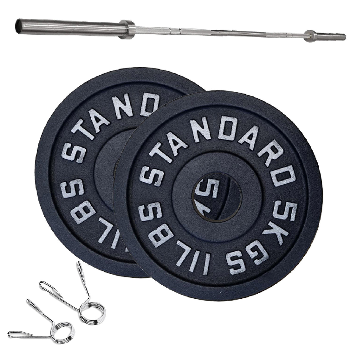 Cast iron weight plate set with barbell and spring collars