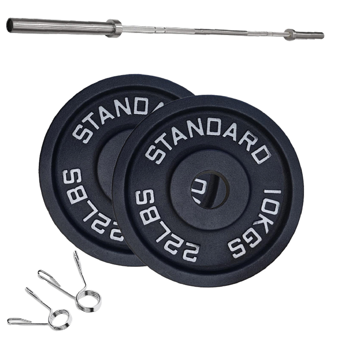 Cast iron weight plate set with barbell and spring collars