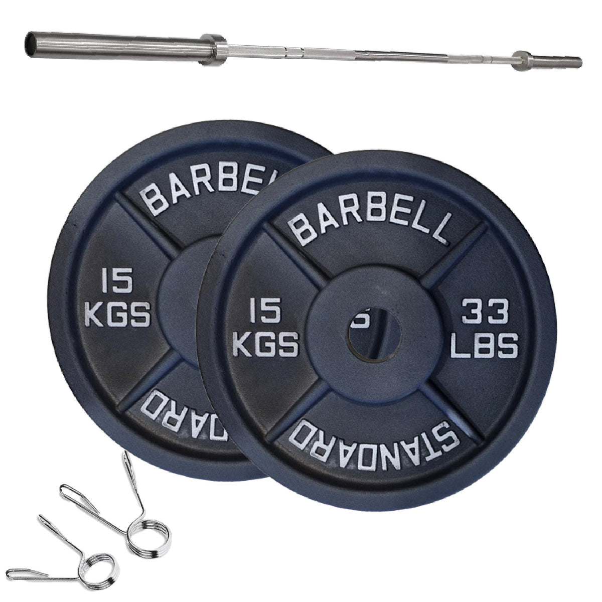 Cast iron weight plate set with barbell and spring collars