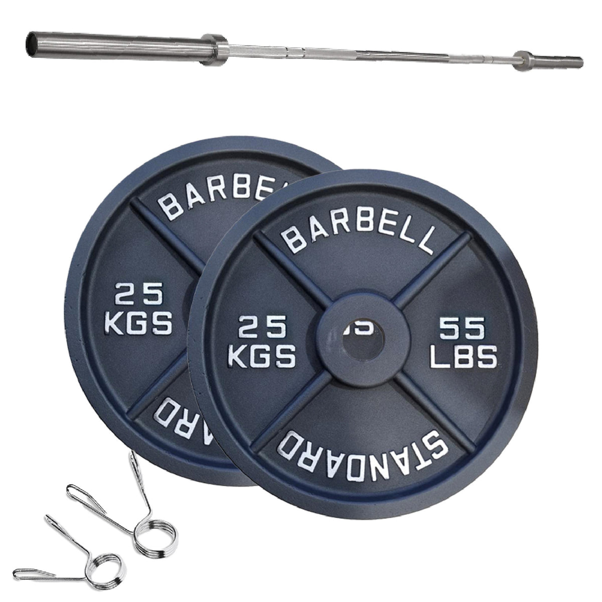 Cast iron weight plate set with barbell and spring collars
