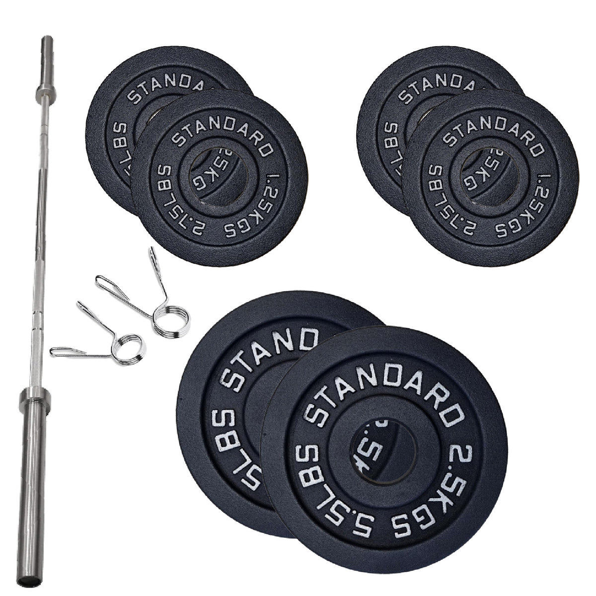 Cast iron weight plate set with barbell and spring collars