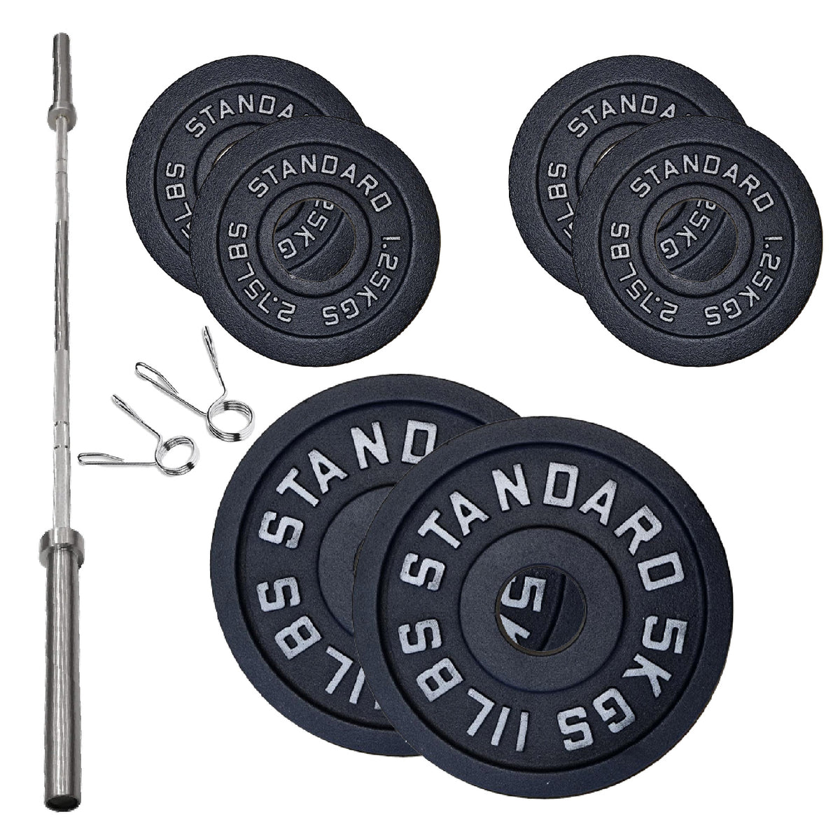 Cast iron weight plate set with barbell and spring collars
