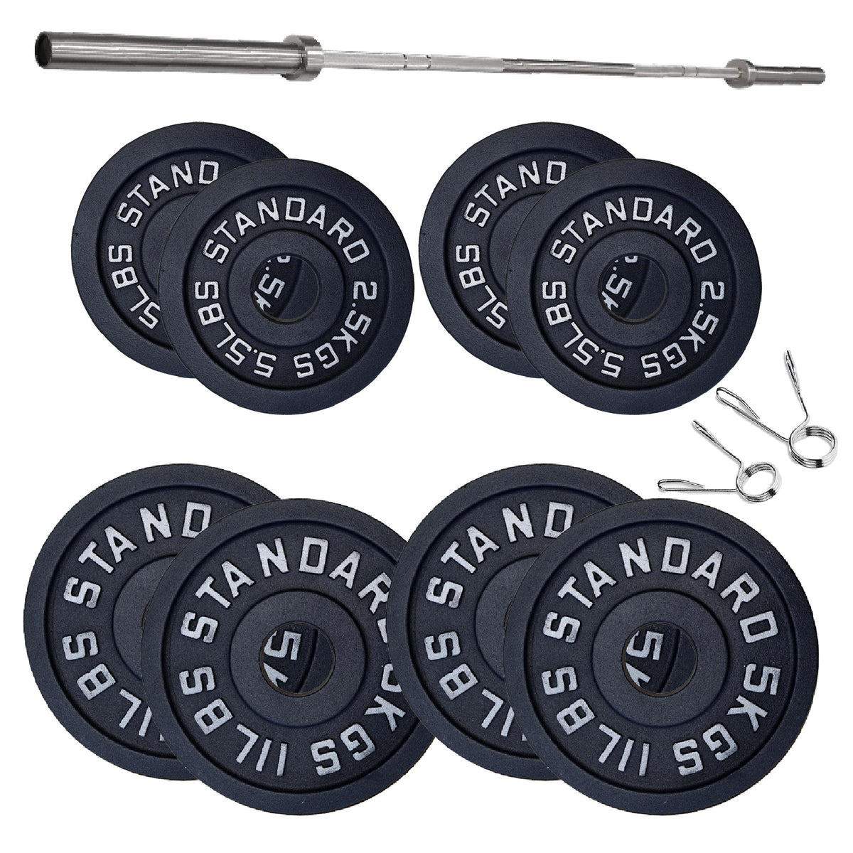 Cast iron weight plate set with barbell and spring collars