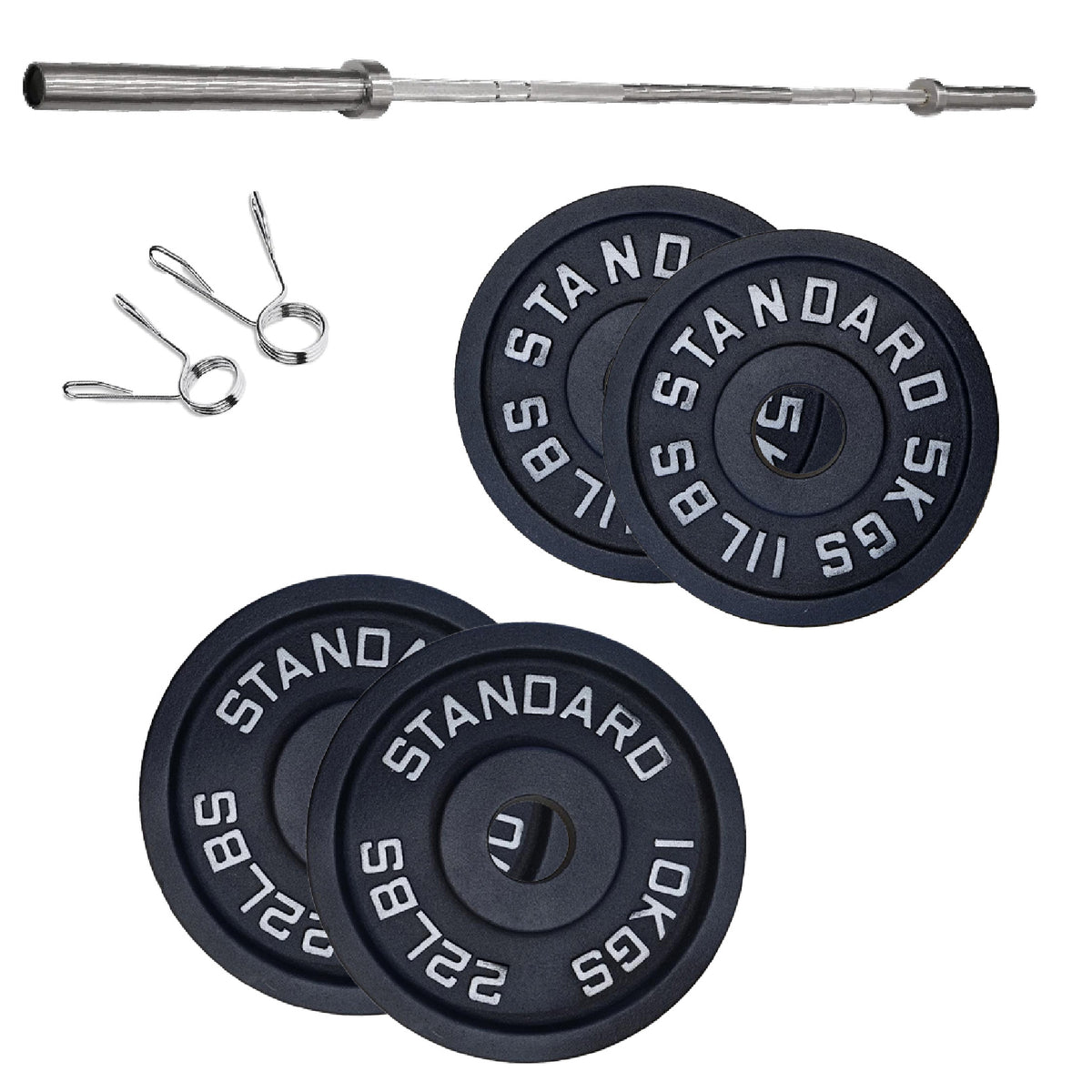 Cast iron weight plate set with barbell and spring collars