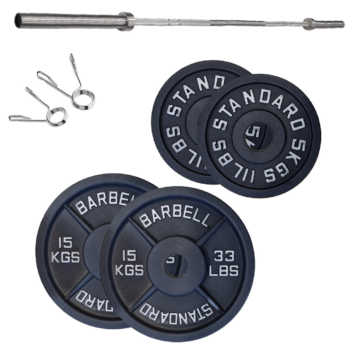 Cast iron weight plate set with barbell and spring collars