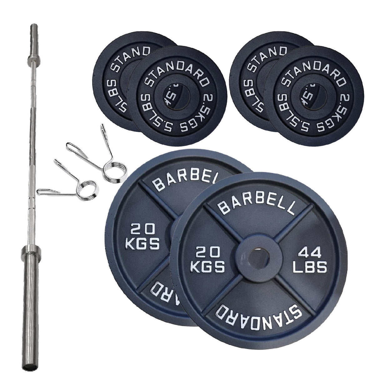 Cast iron weight plate set with barbell and spring collars