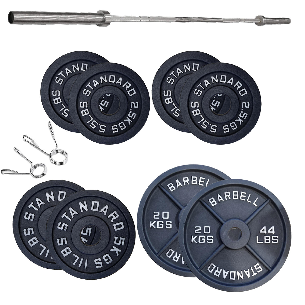 Cast iron weight plate set with barbell and spring collars