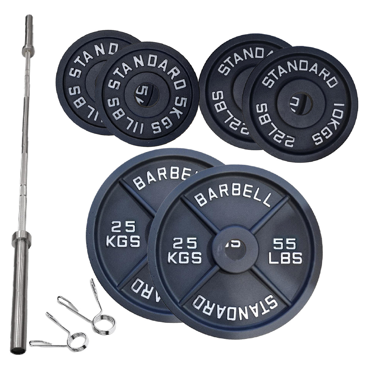 Cast iron weight plate set with barbell and spring collars