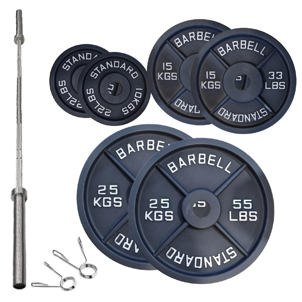 Cast iron weight plate set with barbell and spring collars