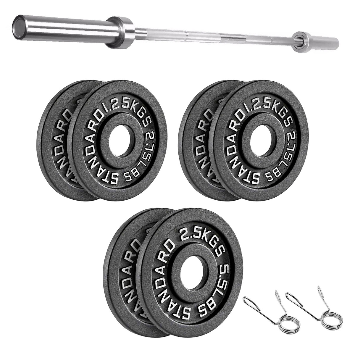 Cast iron weight plate set with barbell and spring collars
