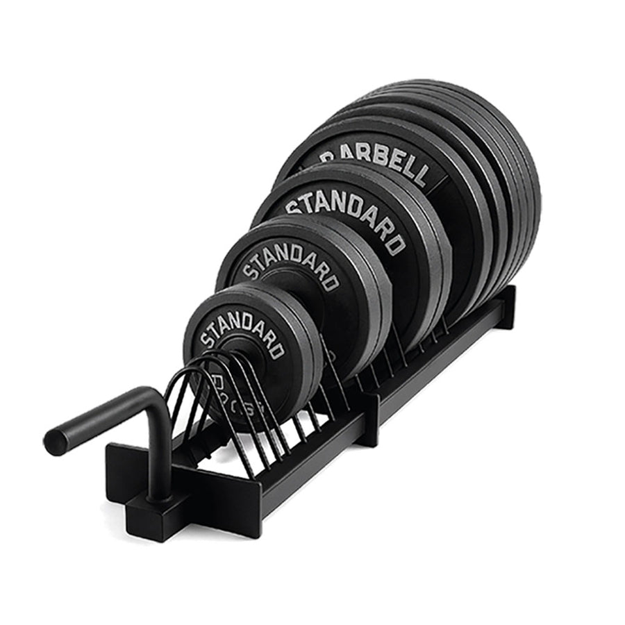 Weight plates on a low horizontal storage rack