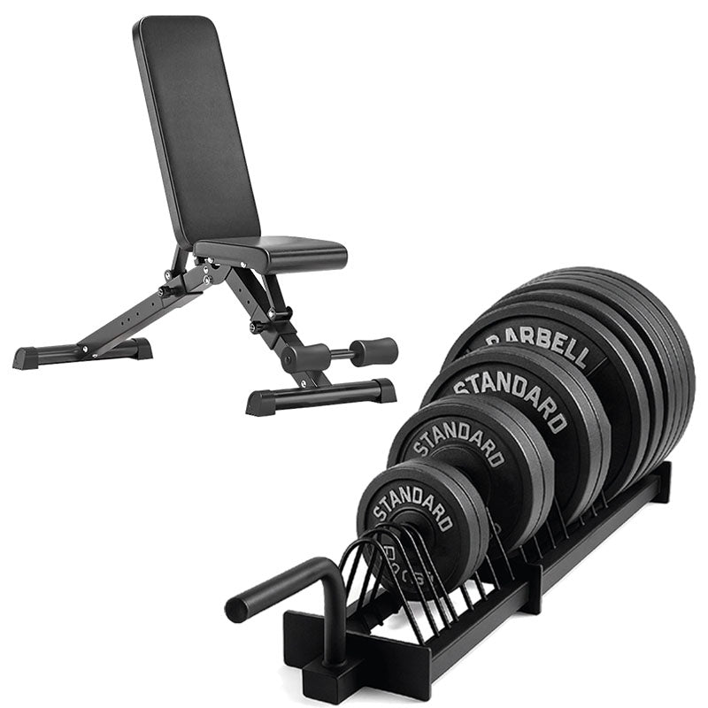 Horizontal weight plate rack set with adjustable bench