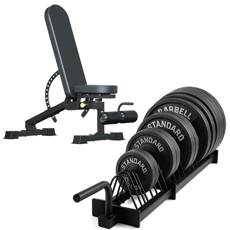 Horizontal weight plate rack set with adjustable bench