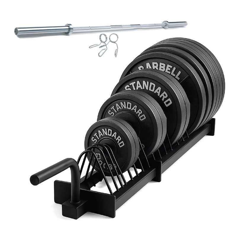 Horizontal weight plate rack set with barbell and collars
