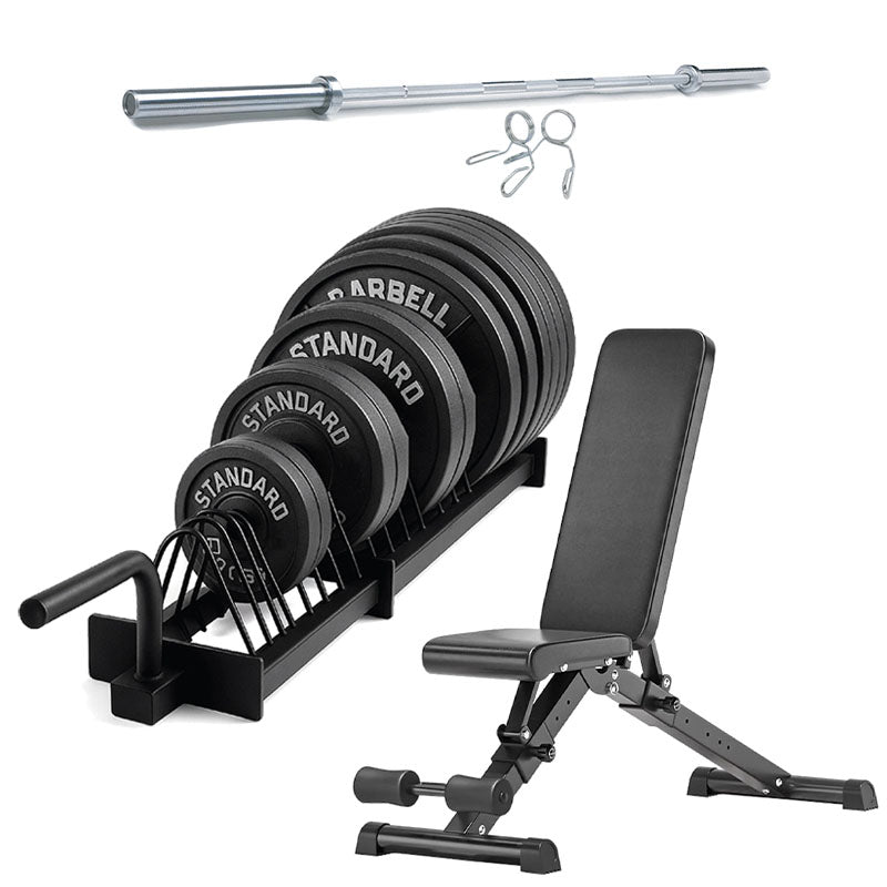 Horizontal weight plate rack set with adjustable bench