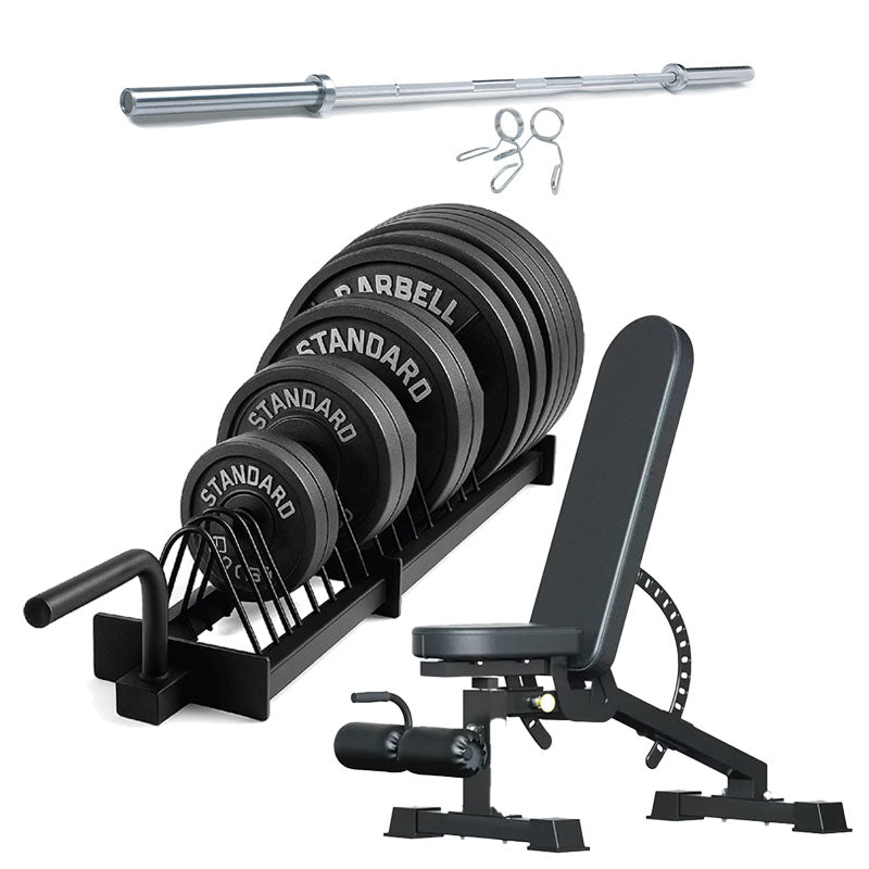 Horizontal weight plate rack set with adjustable bench