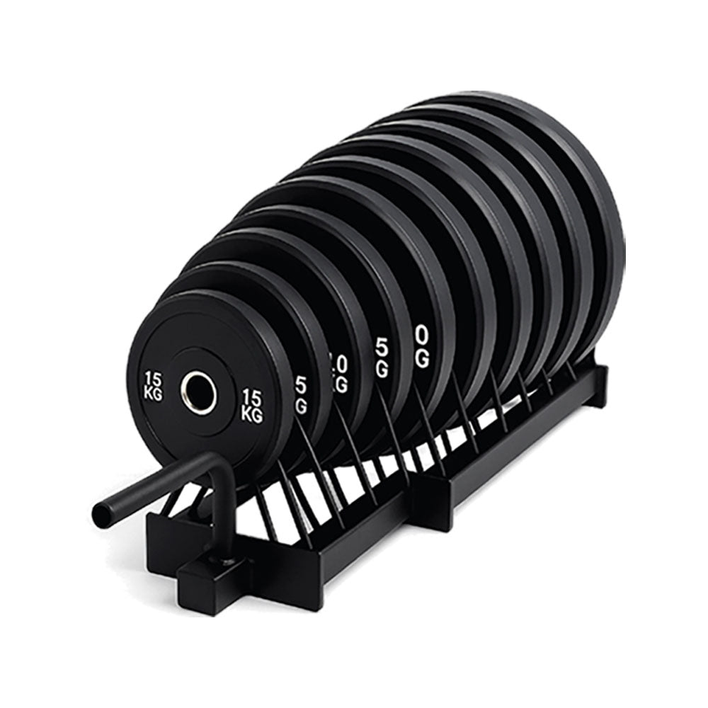 Weight plates on a low horizontal storage rack