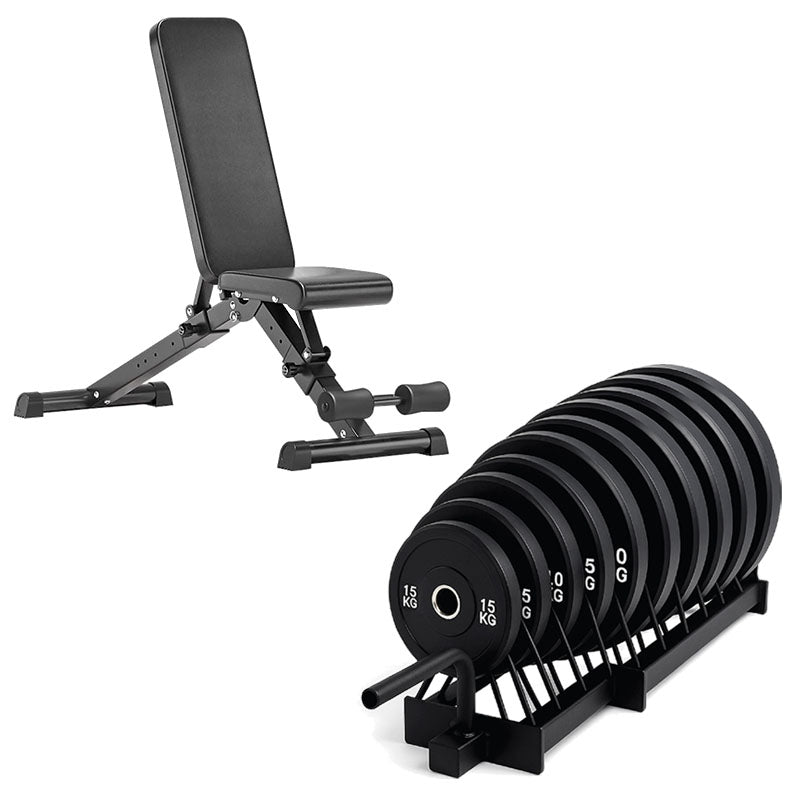 Horizontal weight plate rack set with adjustable bench