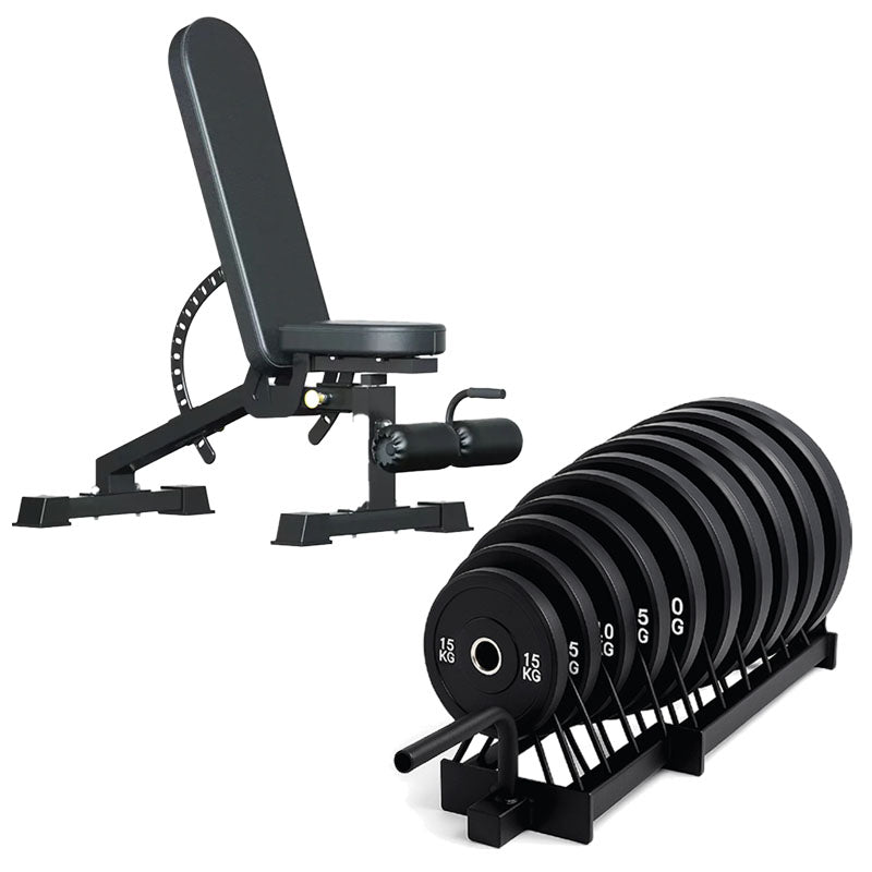 Horizontal weight plate rack set with adjustable bench
