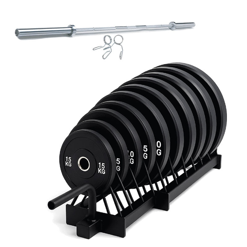 Horizontal weight plate rack set with barbell and collars