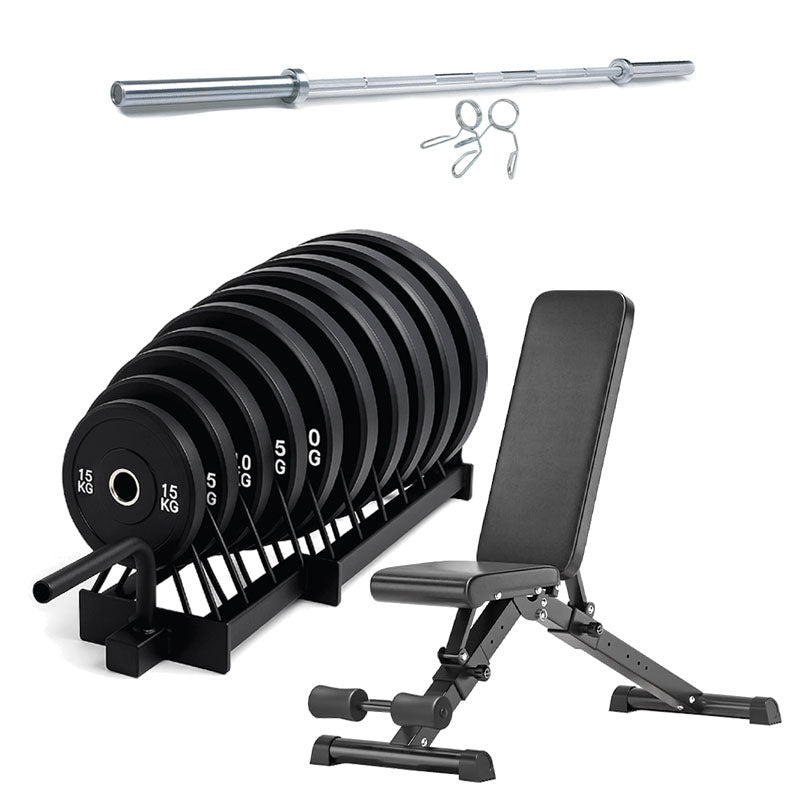 Horizontal weight plate rack set with adjustable bench