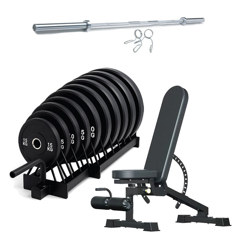 Horizontal weight plate rack set with adjustable bench