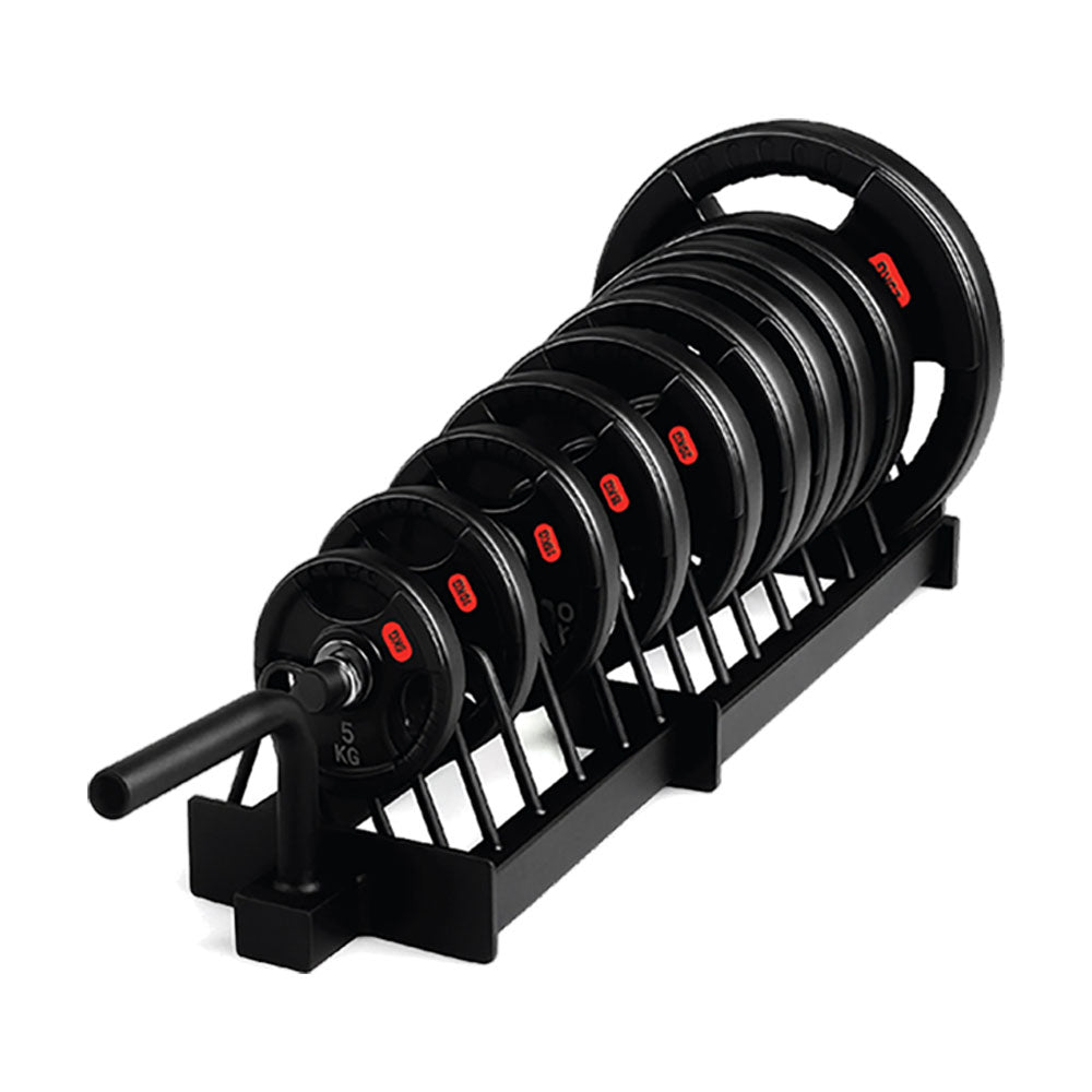 Weight plates on a low horizontal storage rack