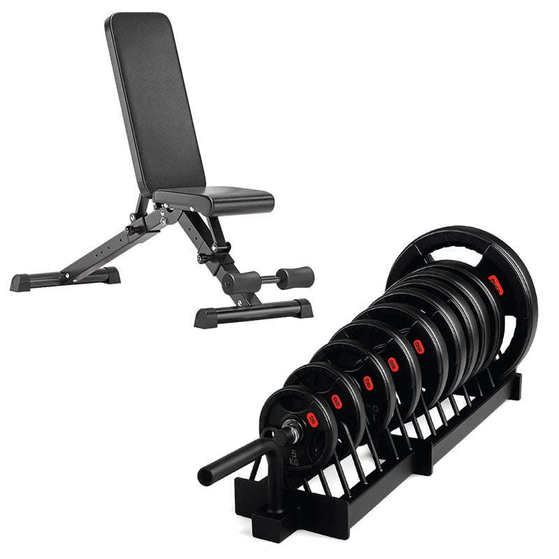 Horizontal weight plate rack set with adjustable bench