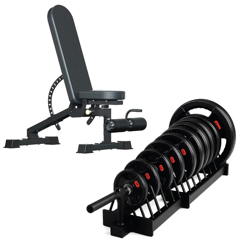 Horizontal weight plate rack set with adjustable bench