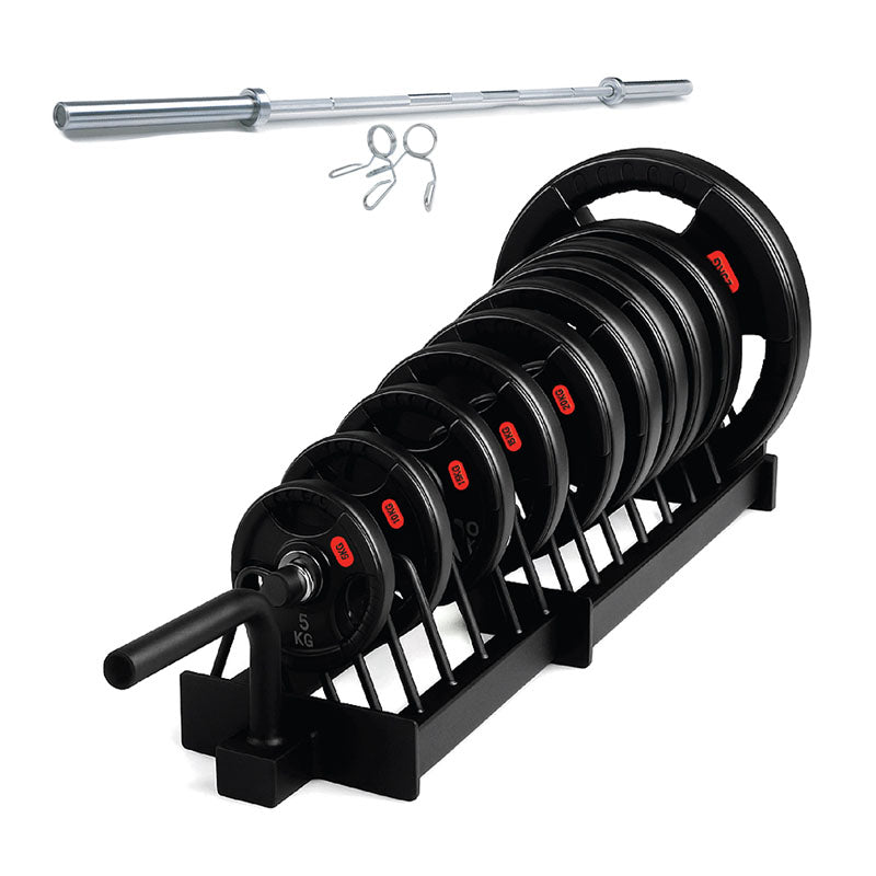 Horizontal weight plate rack set with barbell and collars